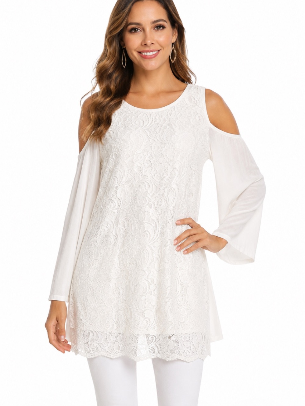 CYRUS  Ivory Lace Cold-Shoulder Tunic Length Blouse L NWOT